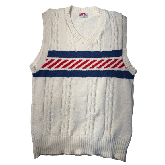 Reebok Vintage Cable Knit Sweater Vest White Blue Red Stripe V Neck Women's S/M - Picture 2 of 9
